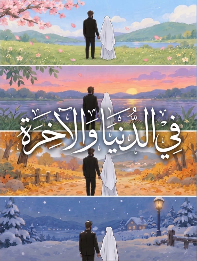 لوحة لعروسين يسيران معاً عبر الفصول الأربعة، وعليها عبارة: في الدنيا والآخرة